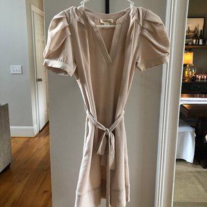 cream belted mini dress with puff sleeves